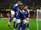 Ipswich Town's Sam Morsy celebrates scoring their second goal with teammates on December 12, 2023