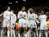 Leeds United's Crysencio Summerville celebrates scoring their first goal with teammates on December 16, 2023