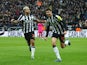Newcastle United's Lewis Miley celebrates scoring their first goal with Bruno Guimaraes on December 16, 2023