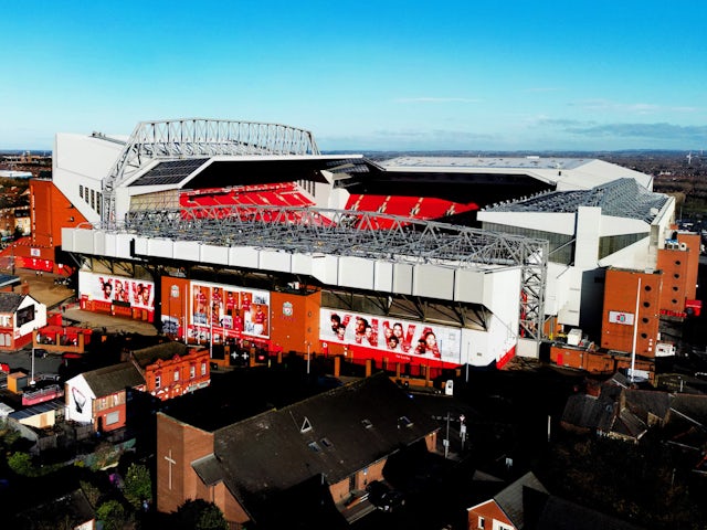 General view as Liverpool's Anfield Stadium is seen with seats in the new Anfield road stand upper tier on December 13, 2023