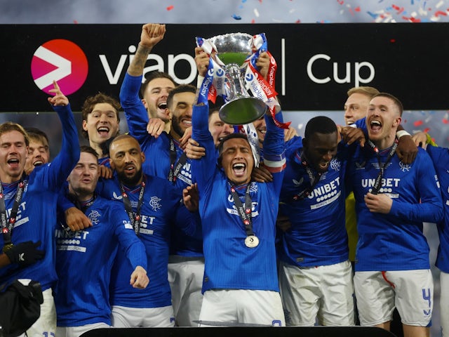 Rangers' James Tavernier lifts the trophy as they celebrate winning the Scottish League Cup on December 17, 2023
