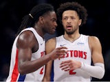 Detroit Pistons center Isaiah Stewart (28) talks to guard Cade Cunningham (2) during the fourth quarter against the Brooklyn Nets on December 23, 2023