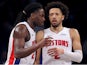 Detroit Pistons center Isaiah Stewart (28) talks to guard Cade Cunningham (2) during the fourth quarter against the Brooklyn Nets on December 23, 2023