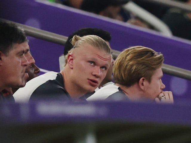 Manchester City's Erling Haaland in the stands during the match on December 19, 2023