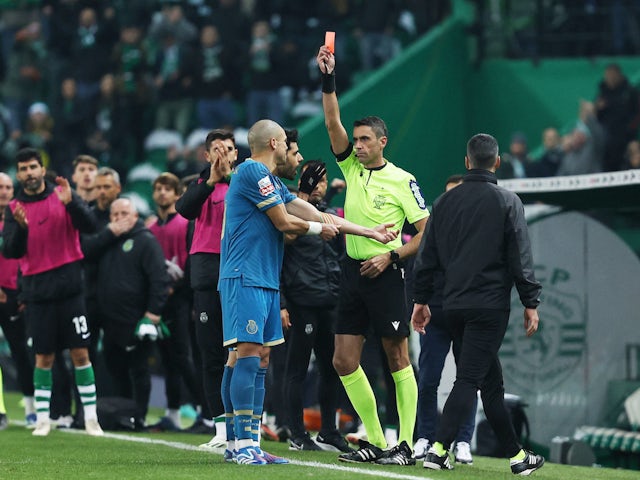Porto's Pepe is shown a red card by referee Nuno Almeida on December 18, 2023