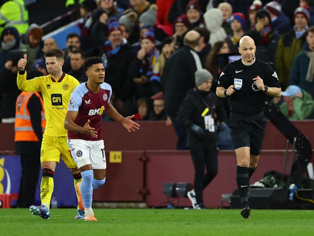 Referee Anthony Taylor disallows an Aston Villa goal against Sheffield United on December 22, 2023