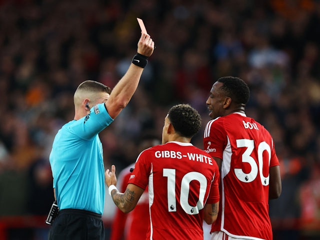Nottingham Forest's Willy Boly is shown a red card by referee Robert Jones on December 23, 2023