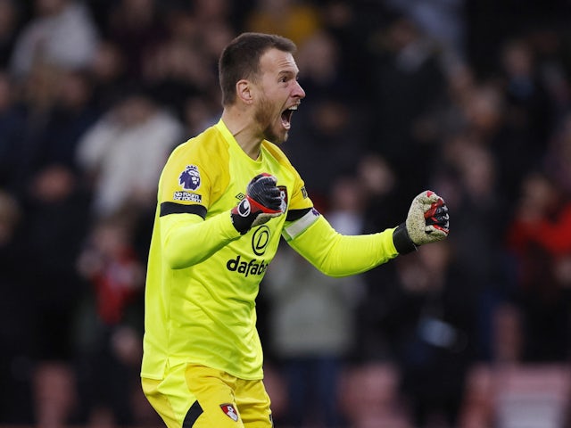 Bournemouth goalkeeper Neto celebrates their opening goal against Fulham on Boxing Day