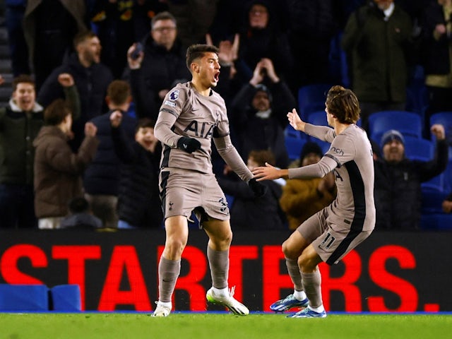 Tottenham Hotspur's Alejo Veliz celebrates scoring their first goal with Bryan Gil on December 28, 2023