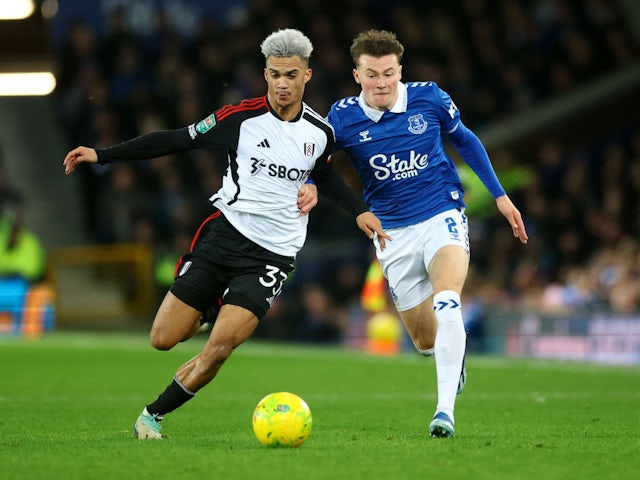 Fulham's Antonee Robinson in action with Everton's Nathan Patterson on December 19, 2023
