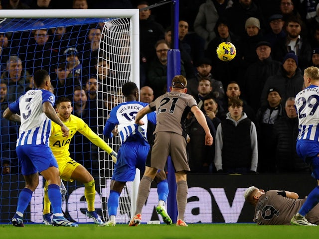 Brighton & Hove Albion's Danny Welbeck is fouled in the box by Tottenham Hotspur's Dejan Kulusevski resulting in a penalty on December 28, 2023