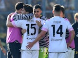 Juventus' Kenan Yildiz celebrates scoring their first goal with Mattia Perin and Arkadiusz Milik on December 23, 2023