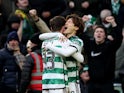 Celtic's Kyogo Furuhashi celebrates scoring their second goal on December 30, 2023