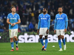 Napoli's Amir Rrahmani, Juan Jesus and Andre-Frank Zambo Anguissa react after the match on December 29, 2023