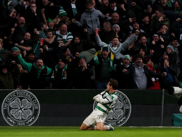 Celtic's Paulo Bernardo celebrates scoring their first goal on December 29, 2023