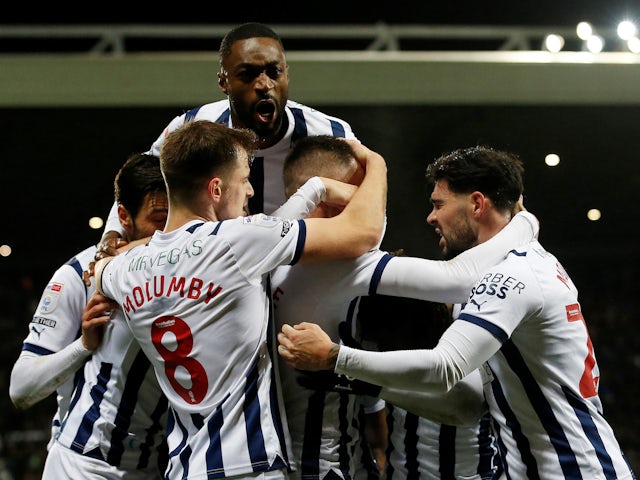 West Bromwich Albion's Grady Diangana celebrates his first goal with his teammates on December 29, 2023.