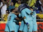 Barcelona's Ilkay Gundogan celebrates scoring their second goal with Frenkie de Jong and teammates on January 3, 2024