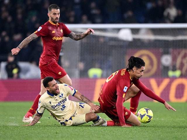 AS Roma's Chris Smalling in action with Hellas Verona's Cyril Ngonge on February 19, 2023