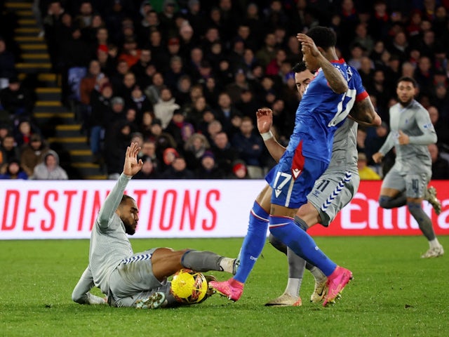 Everton's Dominic Calvert-Lewin fouls Crystal Palace's Nathaniel Clyne before subsequently being shown a red card after a VAR review on January 4, 2024