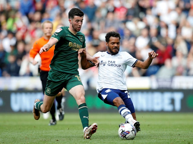 Plymouth Argyle's Finn Azaz in action with Preston North End's Duane Holmes on September 16, 2023