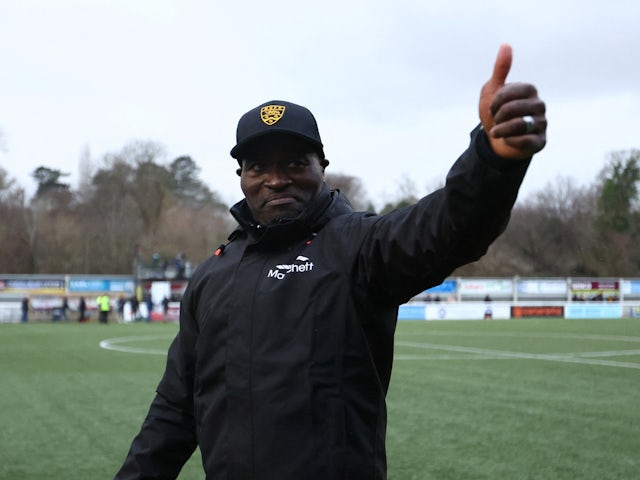 Maidstone United's manager George Elokobi celebrates after the match on January 6, 2024