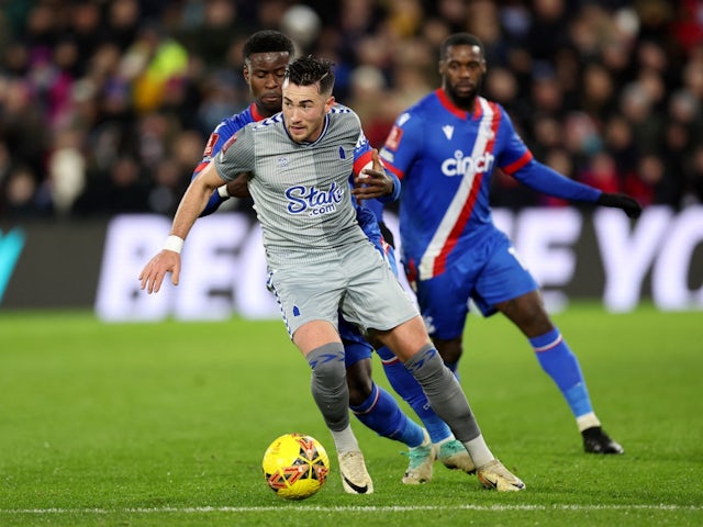 Everton's Jack Harrison in action with Crystal Palace's Marc Guehi on January 4, 2024