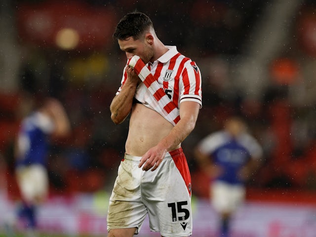 Stoke City's Jordan Thompson after being sent off on January 1, 2024