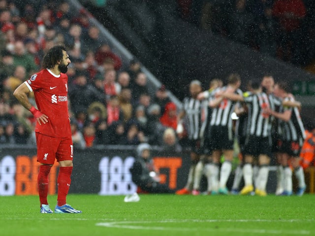 Liverpool's Mohamed Salah reacts after Newcastle United's Alexander Isak scored their first goal on January 1, 2024