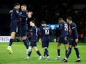 Paris Saint-Germain's (PSG) Kylian Mbappe celebrates scoring their second goal with teammates on January 3, 2024