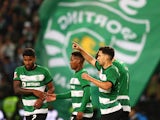 Sporting Lisbon's Pedro Goncalves celebrates scoring their fourth goal with teammates on January 5, 2024