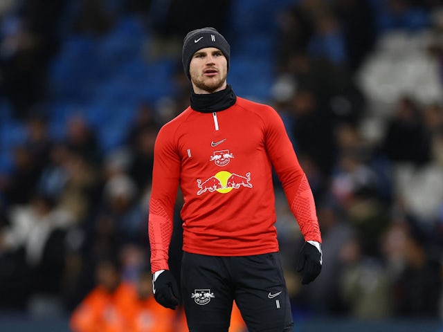 Timo Werner warms up for RB Leipzig in March 2023