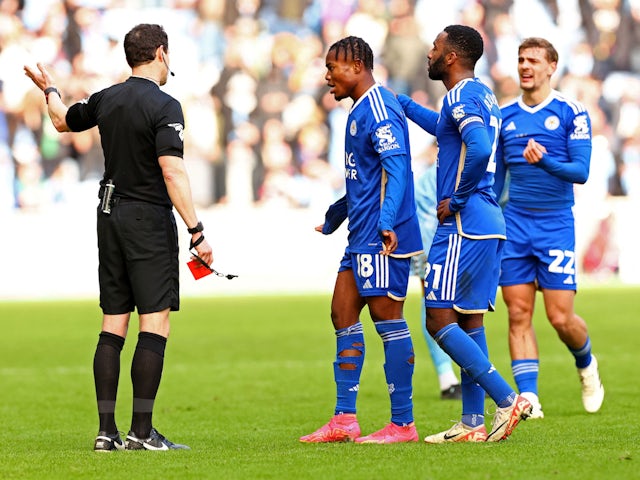 Leicester City's Abdul Fatawu reacts after being shown a red card by referee Darren England on January 13, 2024
