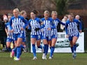 Brighton & Hove Albion Women's Veatriki Sarri celebrates scoring their first goal with teammates on January 14, 2024