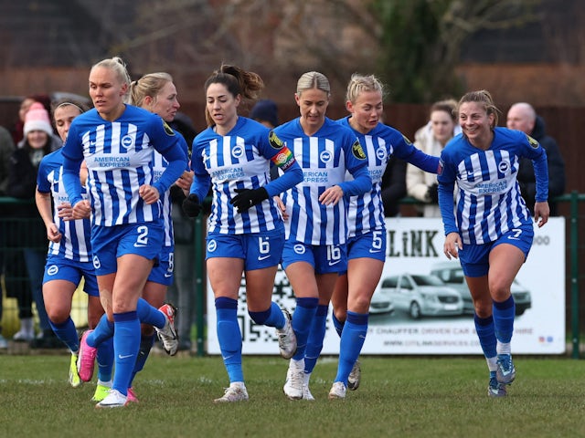 Brighton & Hove Albion Women's Veatriki Sarri celebrates scoring their first goal with teammates on January 14, 2024
