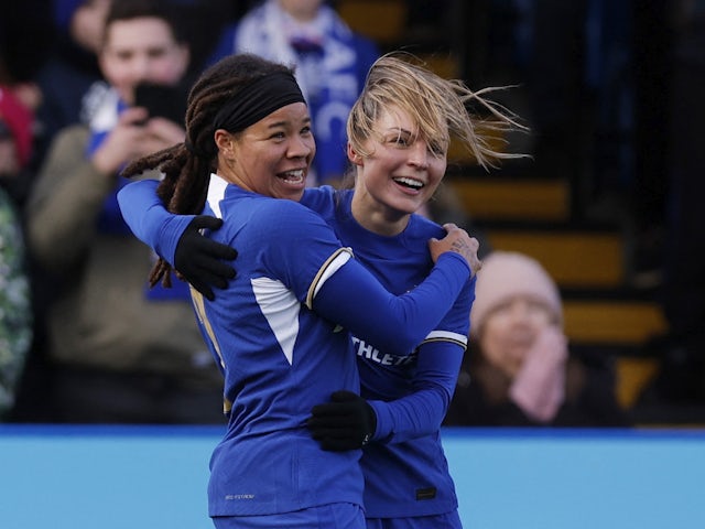 Chelsea Women's Mia Fishel celebrates scoring their first goal with Johanna Rytting Kaneryd on January 14, 2024