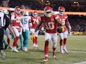 Kansas City Chiefs running back Isiah Pacheco (10) celebrates his touchdown scored against the Miami Dolphins with quarterback Patrick Mahomes on January 13, 2024