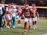 Kansas City Chiefs running back Isiah Pacheco (10) celebrates his touchdown scored against the Miami Dolphins with quarterback Patrick Mahomes on January 13, 2024