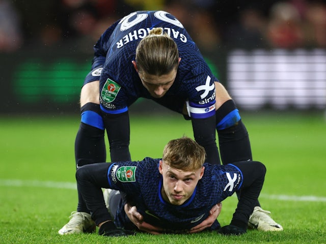 Chelsea's Cole Palmer reacts with Conor Gallagher after missing a chance to score on January 9, 2024