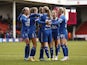Everton Women's Katja Snoeijs celebrates scoring their third goal with teammates on January 13, 2024