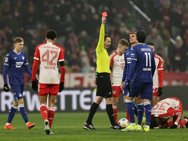 Hoffenheim's Grischa Promel is shown a red card by referee Benjamin Brand on January 12, 2024