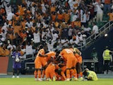Ivory Coast players celebrate after Seko Fofana scores their first goal on January 13, 2024