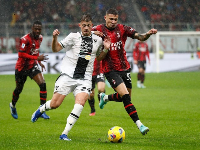 Udinese's Lazar Samardzic in action with AC Milan's Rade Krunic on November 4, 2023