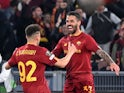 Roma's Leonardo Spinazzola celebrates scoring their first goal with Stephan El Shaarawy on April 20, 2023