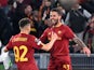Roma's Leonardo Spinazzola celebrates scoring their first goal with Stephan El Shaarawy on April 20, 2023