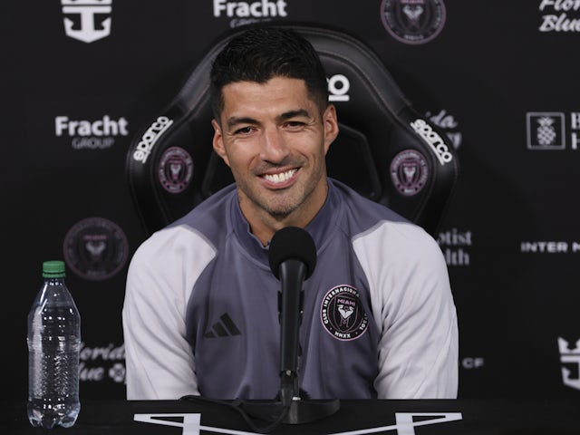 Inter Miami CF forward Luis Suarez (9) smiles during a press conference on January 13, 2024