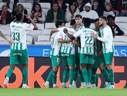 Rio Ave's Guga celebrates scoring their first goal with teammates on January 14, 2024