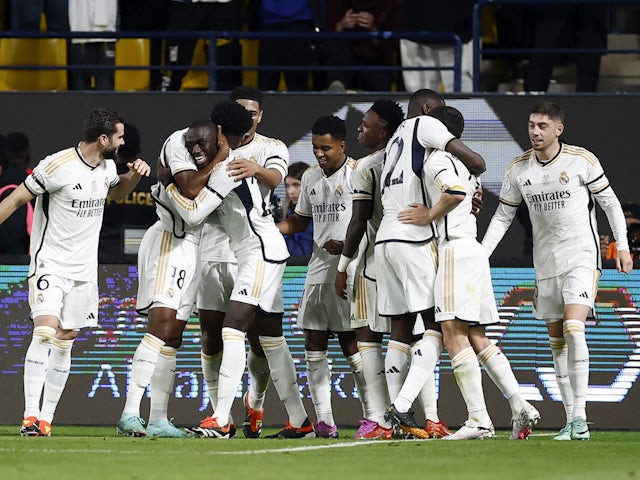 Real Madrid's Ferland Mendy celebrates scoring against Atletico Madrid on January 10, 2024