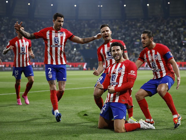 Atletico Madrid's Mario Hermoso celebrates scoring against Real Madrid on January 10, 2024