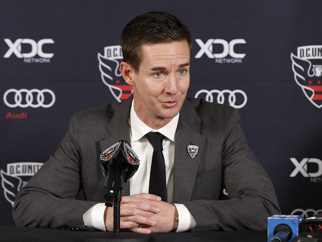 DC United head coach Troy Lesesne speaks at his introductory press conference at Audi Field on January 11, 2024