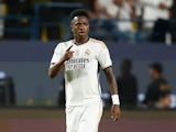 Real Madrid's Vinicius Junior celebrates scoring their third goal and completes his hat-trick on January 14, 2024
